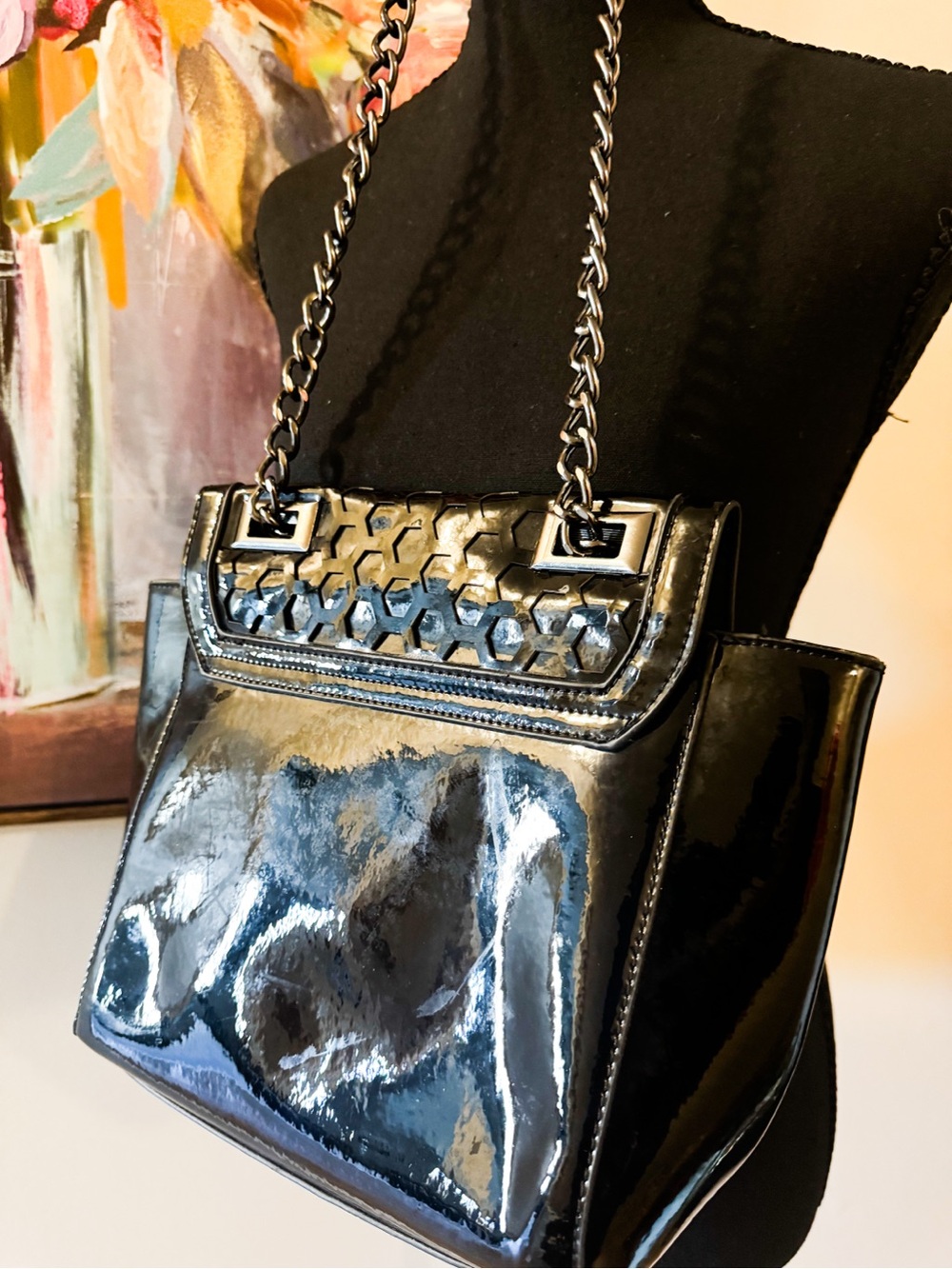 Women's Black Patent Hex-Texture Shoulder Bag with Silver Hardware